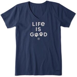 Life is Good. Blue animal paws v-neck cotton tshirt size large